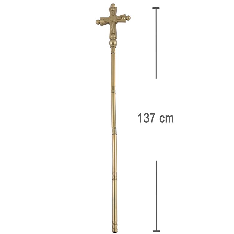 Bischofsstab mit Kreuz 5-tlg. Goldener Bischofskreuz-Stab 137 cm für Erwachsene Einzelteile und Bischofsstab mit kompletter Länge zusammengeschraubt