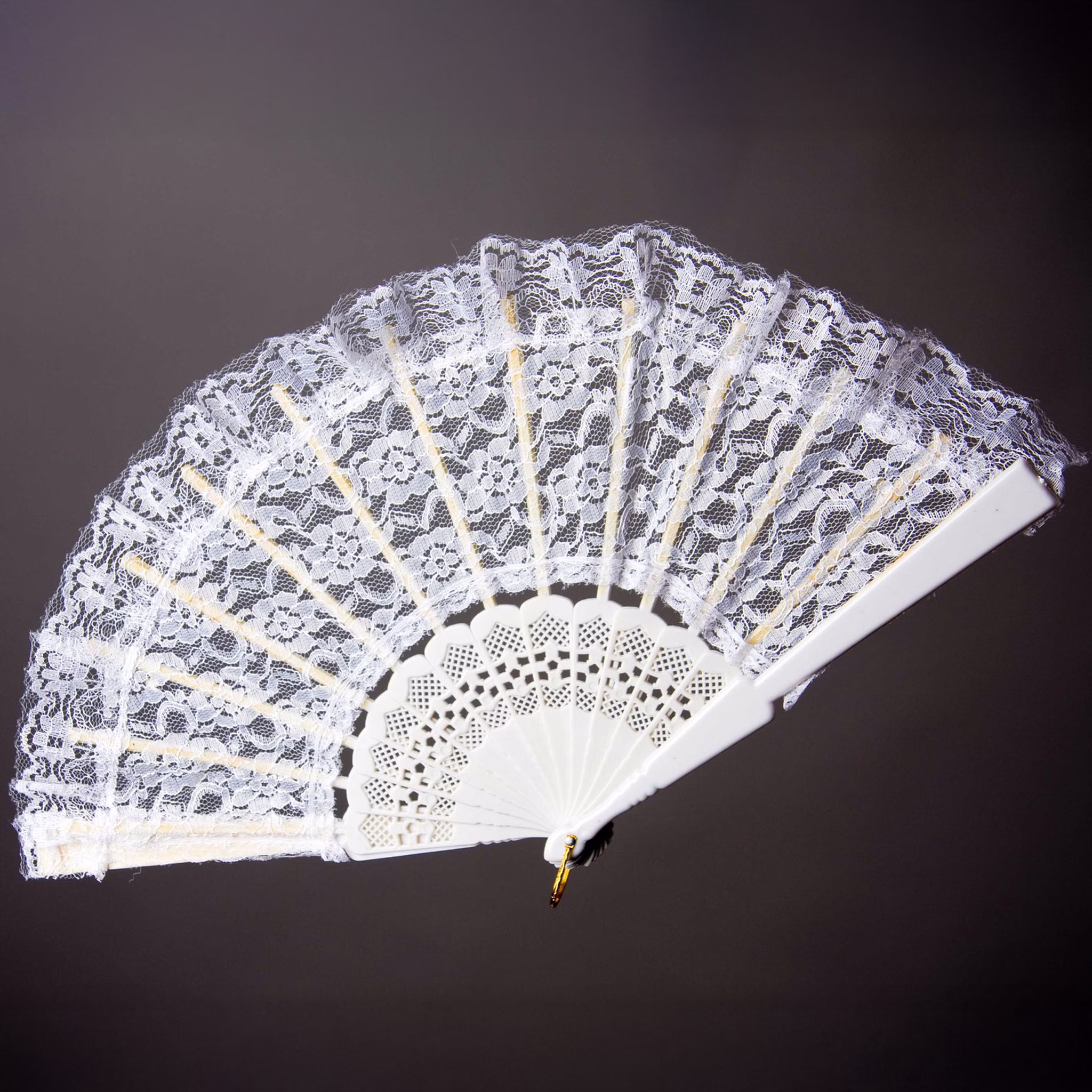 Eleganter weißer Spitzenfächer  im viktorianischen Stil aufgeklappt vor schwarzen Hintergrund von Vorne