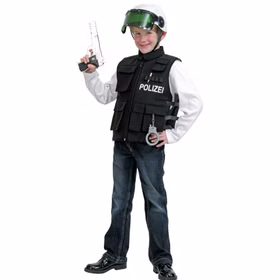 Polizei Kostüm Polizeiweste Schwarz für Kinder Gr. 128-140 Berufe Polizist Fasching Karneval Mottoparty Kindergeburtstag Rollenspiel Polizei Kostüm Polizeiweste und Helm mit Spielzeug-Pistole in der rechten Hand von Vorne