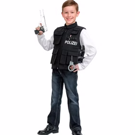 Polizei Kostüm Polizeiweste Schwarz für Kinder Gr. 128-140 Berufe Polizist Fasching Karneval Mottoparty Kindergeburtstag Rollenspiel Polizei Kostüm Polizeiweste mit Spielzeug-Pistole in der rechten Hand von Vorne