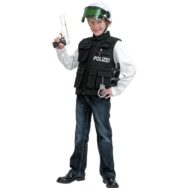 Polizei Kostüm Polizeiweste Schwarz für Kinder Junge im Polizei Kostüm mit Polizeiweste mit Spielzeug-Handschellen von Vorne