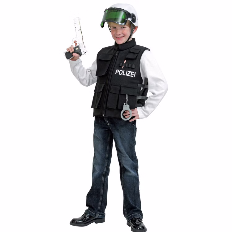 Polizei Kostüm Polizeiweste Schwarz für Kinder Gr. 128-140 Berufe Polizist Fasching Karneval Mottoparty Kindergeburtstag Rollenspiel Polizei Kostüm Polizeiweste und Helm mit Spielzeug-Pistole in der rechten Hand von Vorne