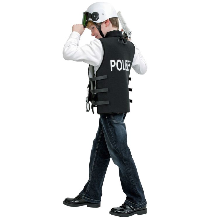 Polizei Kostüm Polizeiweste Schwarz für Kinder Junge im Polizei Kostüm mit Polizeiweste mit Spielzeug-Handschellen von Vorne