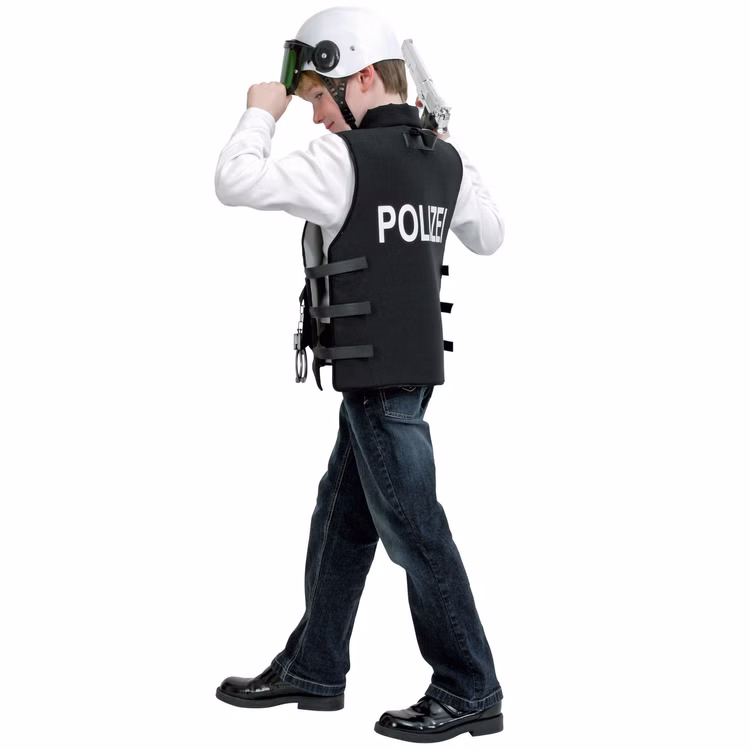Polizei Kostüm Polizeiweste Schwarz für Kinder Gr. 128-140 Berufe Polizist Fasching Karneval Mottoparty Kindergeburtstag Rollenspiel Polizei Kostüm Polizeiweste und Helm seitlich von Hinten
