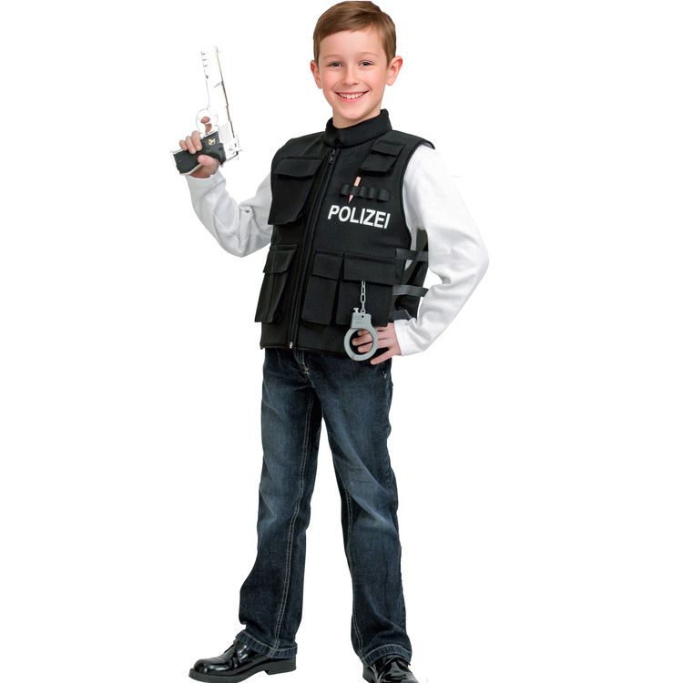 Polizei Kostüm Polizeiweste Schwarz für Kinder Junge im Polizei Kostüm mit Polizeiweste mit Spielzeug-Handschellen von Vorne