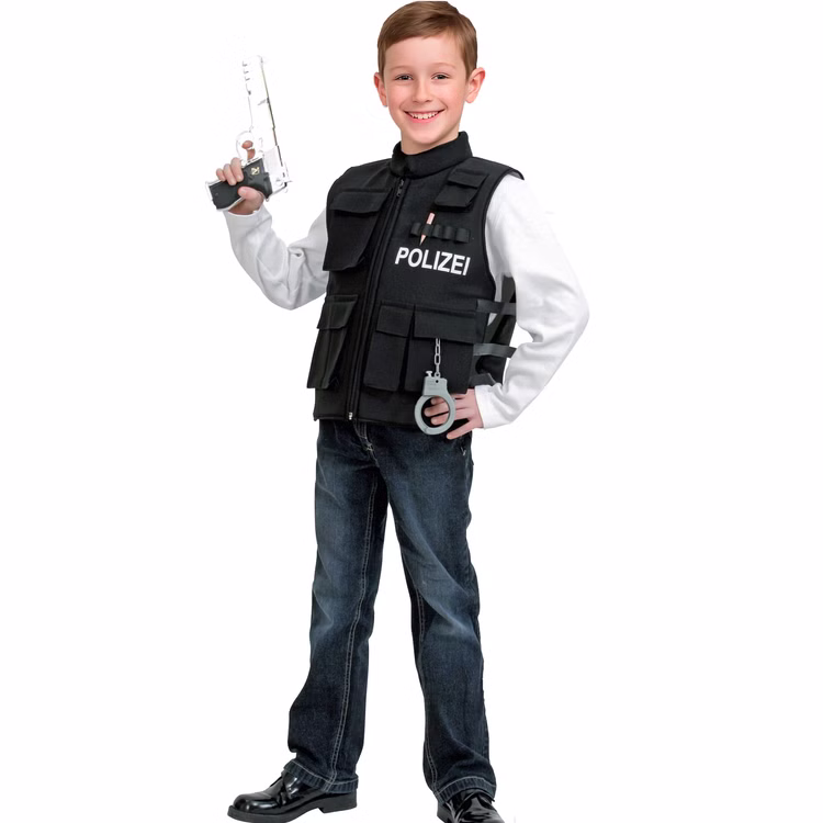 Polizei Kostüm Polizeiweste Schwarz für Kinder Gr. 128-140 Berufe Polizist Fasching Karneval Mottoparty Kindergeburtstag Rollenspiel Polizei Kostüm Polizeiweste mit Spielzeug-Pistole in der rechten Hand von Vorne