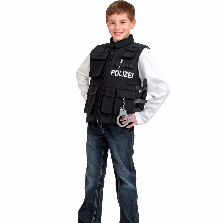 Polizei Kostüm Polizeiweste Schwarz für Kinder Gr. 128-140 Berufe Polizist Fasching Karneval Mottoparty Kindergeburtstag Rollenspiel Junge im Polizei Kostüm mit Polizeiweste mit Spielzeug-Handschellen von Vorne