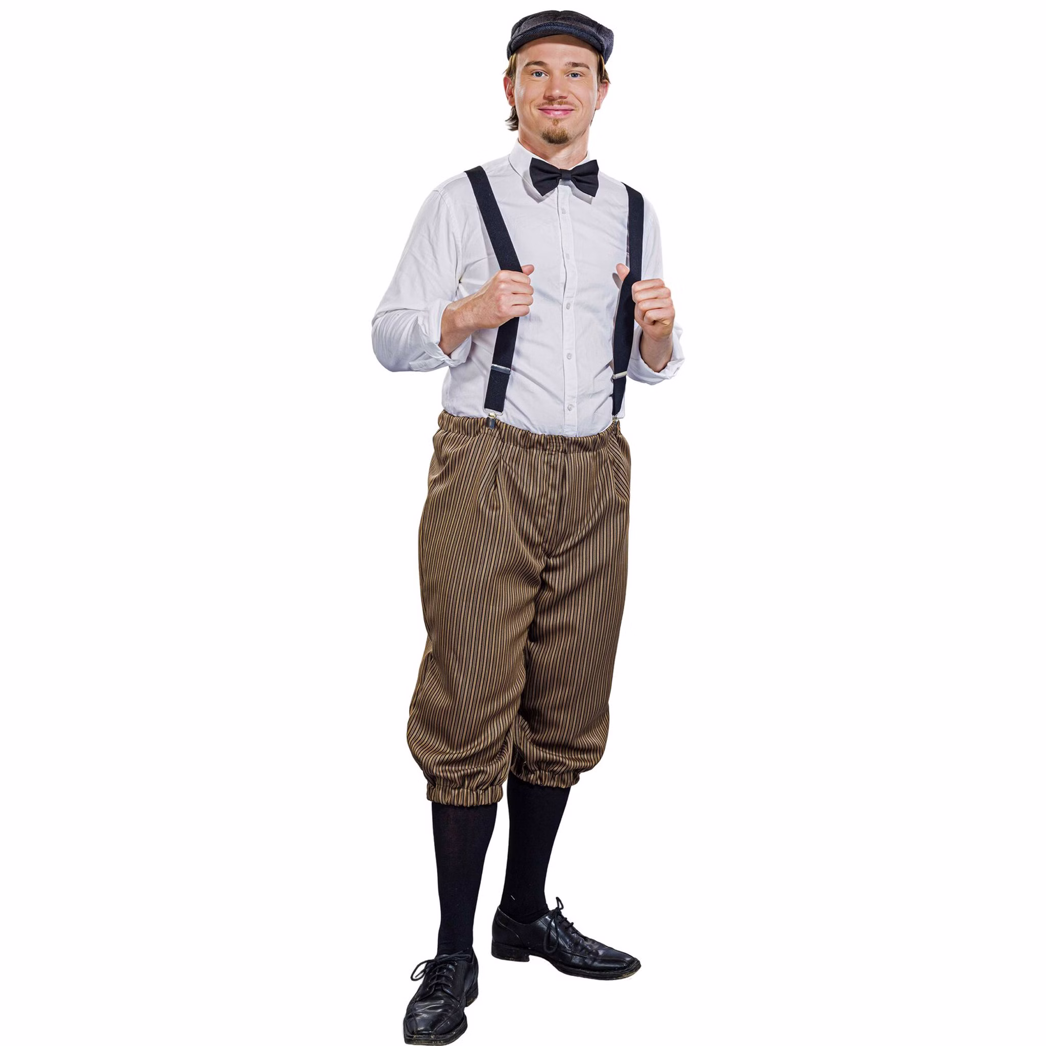 Knickerbocker Hosen Braun gestreift 20er Jahre für Herren Gr. M-XXL Kostüm-Zubehör Hose 3/4 Hose Fasching Karneval Mottoparty Mann in braun gestreifter Knickerbocker mit schwarzen Hosenträgern, weißem Hemd und Schirmmütze von Vorne.
