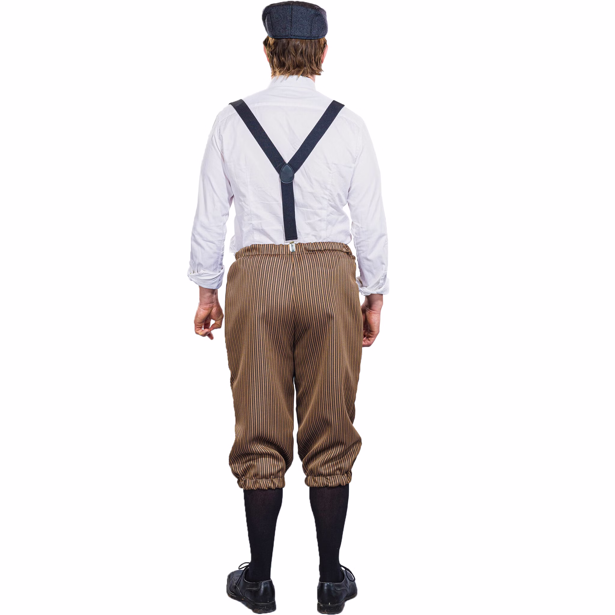 Knickerbocker Hosen Braun gestreift 20er Jahre für Herren Gr. M-XXL Kostüm-Zubehör Hose 3/4 Hose Fasching Karneval Mottoparty Rückansicht: Mann in braun gestreifter Knickerbocker mit Hosenträgern und Schirmmütze.
