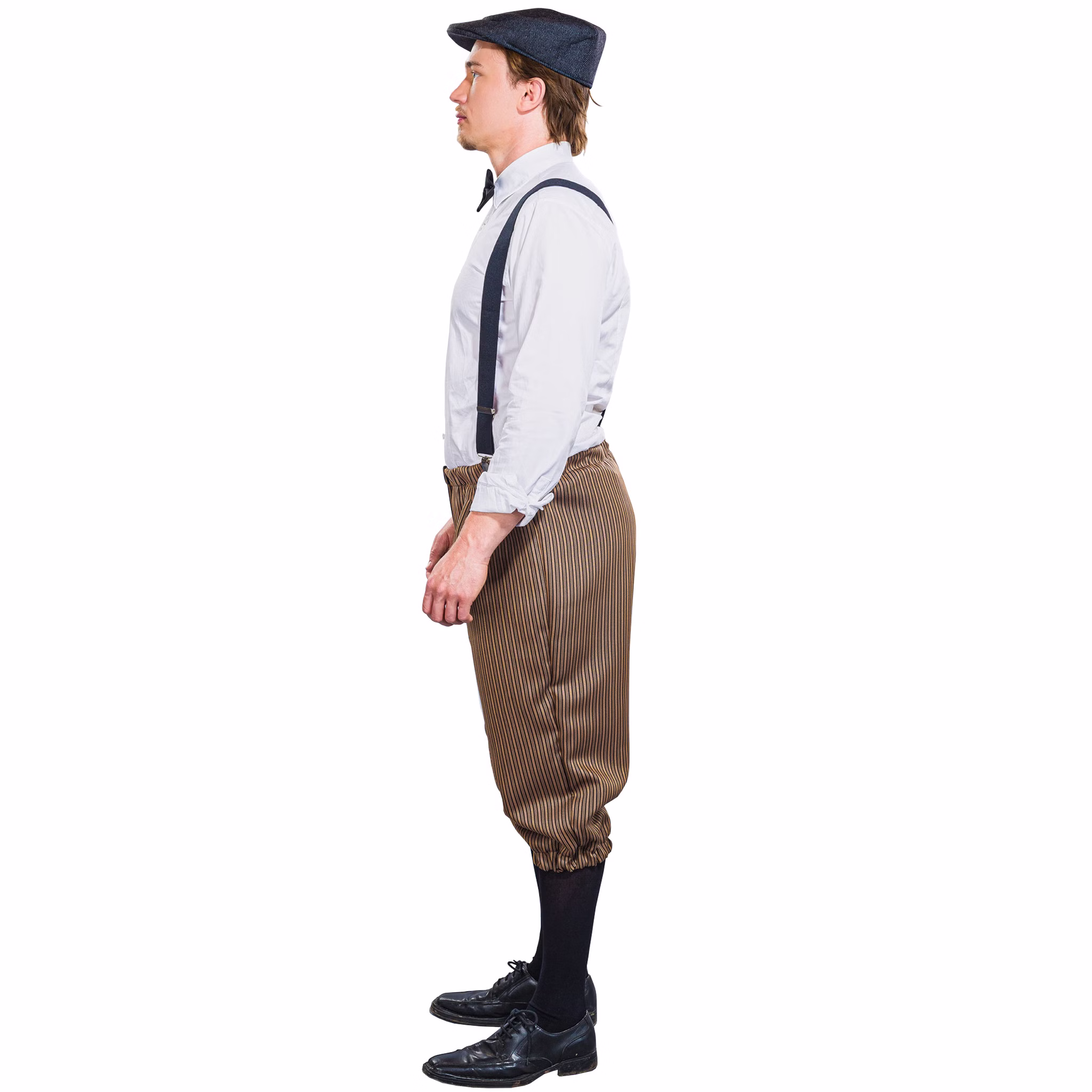 Knickerbocker Hosen Braun gestreift 20er Jahre für Herren Gr. M-XXL Kostüm-Zubehör Hose 3/4 Hose Fasching Karneval Mottoparty Seitenansicht: Mann in braun gestreifter Knickerbocker mit Hosenträgern und Schirmmütze.