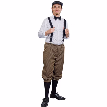 Knickerbocker Hosen Braun gestreift 20er Jahre für Herren Gr. M-XXL Kostüm-Zubehör Hose 3/4 Hose Fasching Karneval Mottoparty Mann in braun gestreifter Knickerbocker mit schwarzen Hosenträgern, weißem Hemd und Schirmmütze von Vorne.