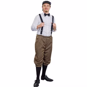 Knickerbocker Hosen Braun gestreift 20er Jahre für Herren Gr. M-XXL Kostüm-Zubehör Hose 3/4 Hose Fasching Karneval Mottoparty Mann in braun gestreifter Knickerbocker mit schwarzen Hosenträgern, weißem Hemd und Schirmmütze von Vorne.