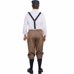 Knickerbocker Hosen Braun gestreift 20er Jahre für Herren Gr. M-XXL Kostüm-Zubehör Hose 3/4 Hose Fasching Karneval Mottoparty Rückansicht: Mann in braun gestreifter Knickerbocker mit Hosenträgern und Schirmmütze.