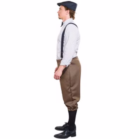 Knickerbocker Hosen Braun gestreift 20er Jahre für Herren Gr. M-XXL Kostüm-Zubehör Hose 3/4 Hose Fasching Karneval Mottoparty Seitenansicht: Mann in braun gestreifter Knickerbocker mit Hosenträgern und Schirmmütze.