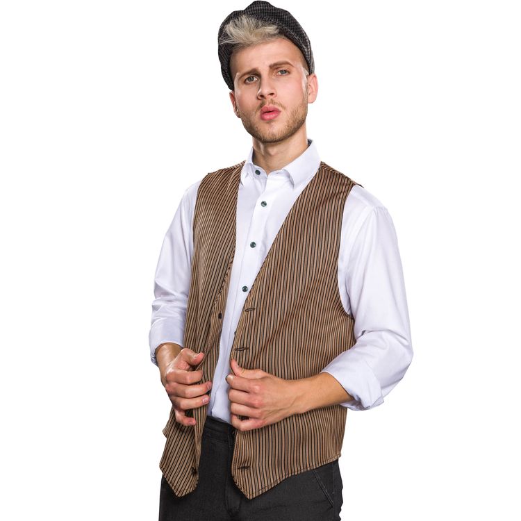 20er Jahre Weste Braun gestreift mit Knopfleiste für Herren Mann in 20er Jahre Weste Braun gestreift mit Knopfleiste geschlossen seitlich von Vorne.