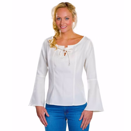 Mittelalter Bluse Weiß Naturfarbenes Baumwollgemisch für Damen Gr. 36-46 Fasching Karneval Mottoparty LARP Mittelalterfest Mittelaltermode Weiße Mittelalter Bluse Naturfarbenes Baumwollgemisch für Damen mit ausgestellten Ärmeln von Vorne
