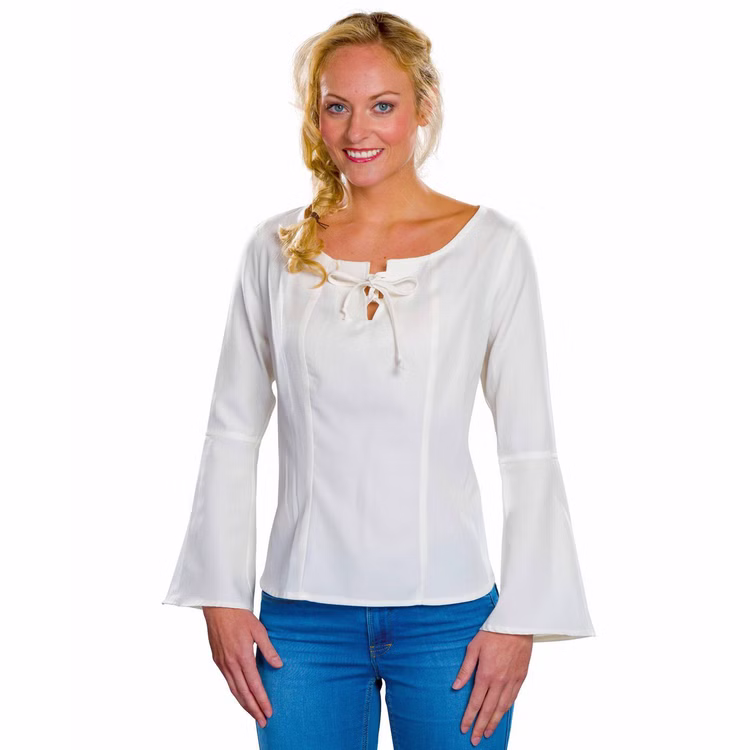 Mittelalter Bluse Weiß Naturfarbenes Baumwollgemisch für Damen Gr. 36-46 Fasching Karneval Mottoparty LARP Mittelalterfest Mittelaltermode Weiße Mittelalter Bluse Naturfarbenes Baumwollgemisch für Damen mit ausgestellten Ärmeln von Vorne