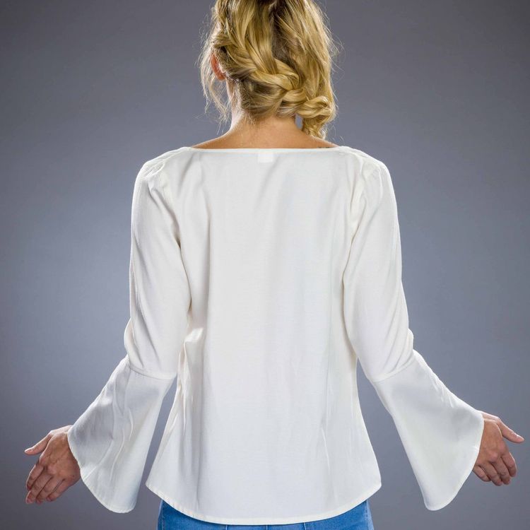 Weiße Mittelalter Bluse Naturfarbenes Baumwollgemisch für Damen mit ausgestellten Ärmeln von Vorne