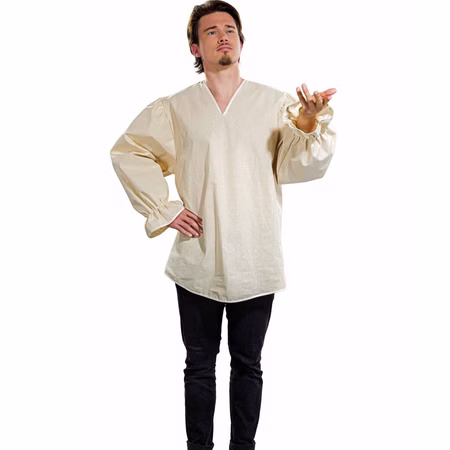Mittelalter Hemd Pirat Bauer mit V-Ausschnitt Baumwolle Creme für Herren Gr. S-XXXL Fasching Karneval Mottoparty LARP Mittelalterfest Mittelaltermode Cremefarbenes Mittelalterhemd mit V-Ausschnitt für Herren vor weißem Hintergrund von Vorne