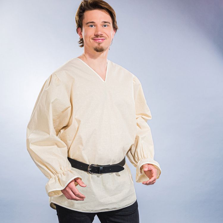 Mittelalter Hemd Pirat Bauer mit V-Ausschnitt Baumwolle Creme für Herren Cremefarbenes Mittelalterhemd mit V-Ausschnitt für Herren vor weißem Hintergrund von Vorne