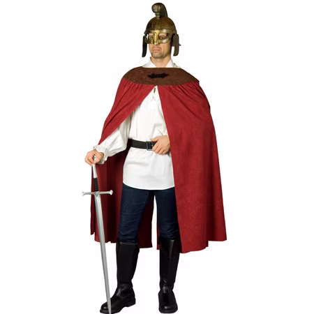 Sankt Martins Kostüm St. Martin teilbarer Umhang Rot Braun für Herren Fasching Karneval Mottoparty Laternenumzug Laternenfest Martinstag Mann im Sankt Martin Kostüm mit teilbarem Umhang. Er trägt einen Helm und Schwert von Vorne.