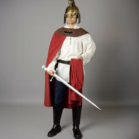 Sankt Martins Kostüm St. Martin teilbarer Umhang Rot Braun für Herren Fasching Karneval Mottoparty Laternenumzug Laternenfest Martinstag Sankt Martin Kostüm für Herren mit teilbarem Umhang Helm und Schwert in der rechten Hand von Vorne