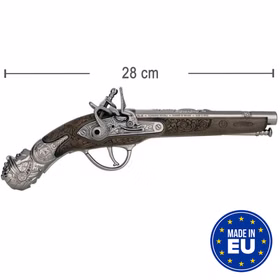 Piraten Pistole 28 cm Steinschlosspistole Musketier ohne Knall Kostüm-Zubehör LARP Fasching Karneval Mottoparty Accessoire Steinschlosspistole mit Maßangaben von 28 Zentimeter Länge und Hinweis, dass die Spielzeug-Pistole in Europa hergestellt wird