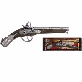 Piraten Pistole 28 cm Steinschlosspistole Musketier ohne Knall Kostüm-Zubehör LARP Fasching Karneval Mottoparty Accessoire Steinschlosspistole von der Seite und darunter die Verpackung im Piraten-Design von Vorne