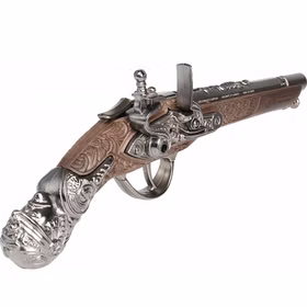 Piraten Pistole 28 cm Steinschlosspistole Musketier ohne Knall Kostüm-Zubehör LARP Fasching Karneval Mottoparty Accessoire Verzierter Griff der Steinschlosspistole seitlich von Hinten