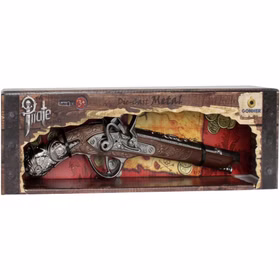 Piraten Pistole 28 cm Steinschlosspistole Musketier ohne Knall Kostüm-Zubehör LARP Fasching Karneval Mottoparty Accessoire Verpackung mit der Spielzeug-Pistole von Vorne