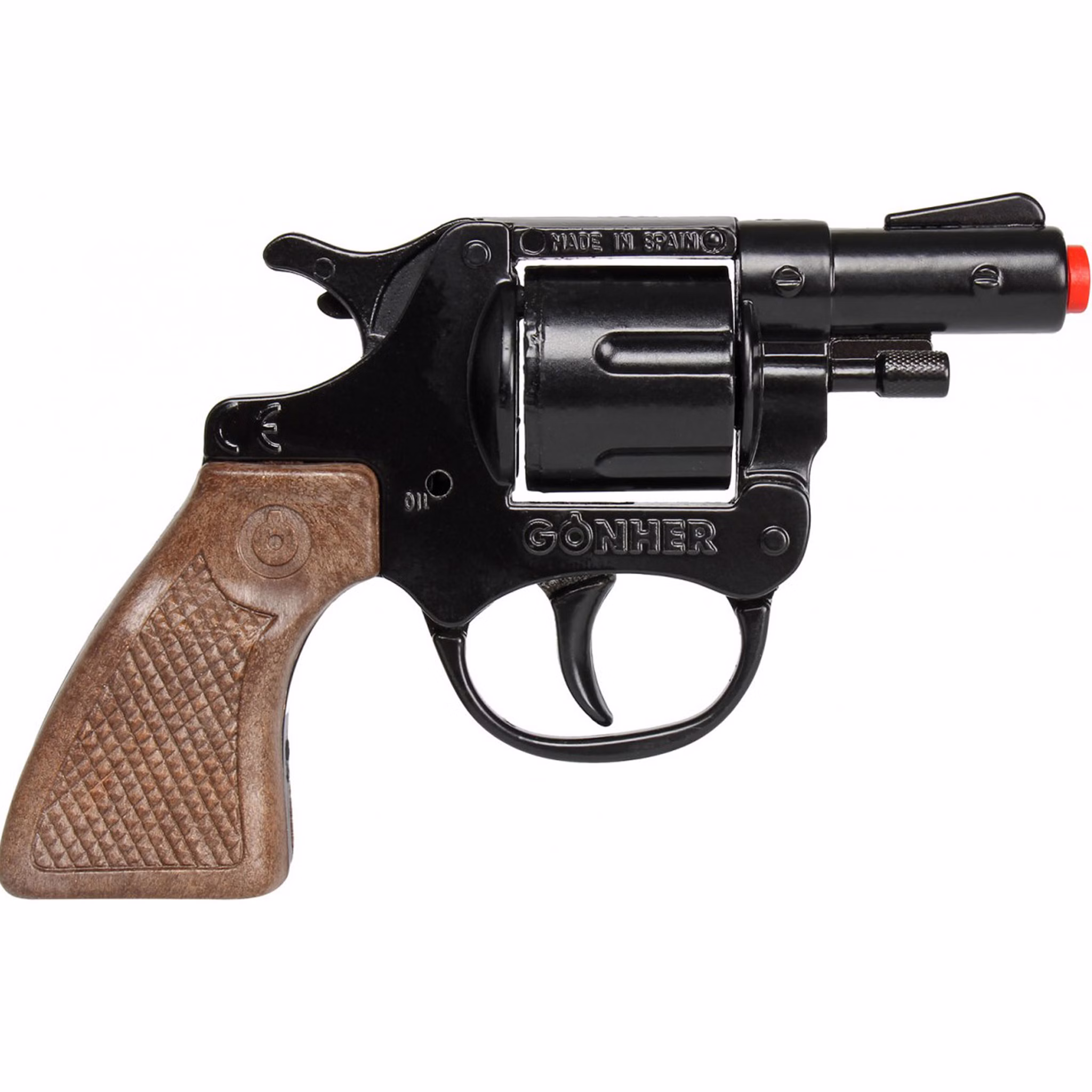 Polizei Pistole 13 cm schwarz braun 8 Schuss Spielzeug-Revolver Kostüm-Zubehör Kinder-Spielzeug Polizist Police Fasching Karneval Mottoparty Kinderfasching Linke Seite des Spielzeug-Revolvers mit Gravur und Holzoptik-Griff.