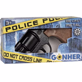 Spielzeug-Revolver in blauer Verpackung mit gelbem Police-Tape-Design.