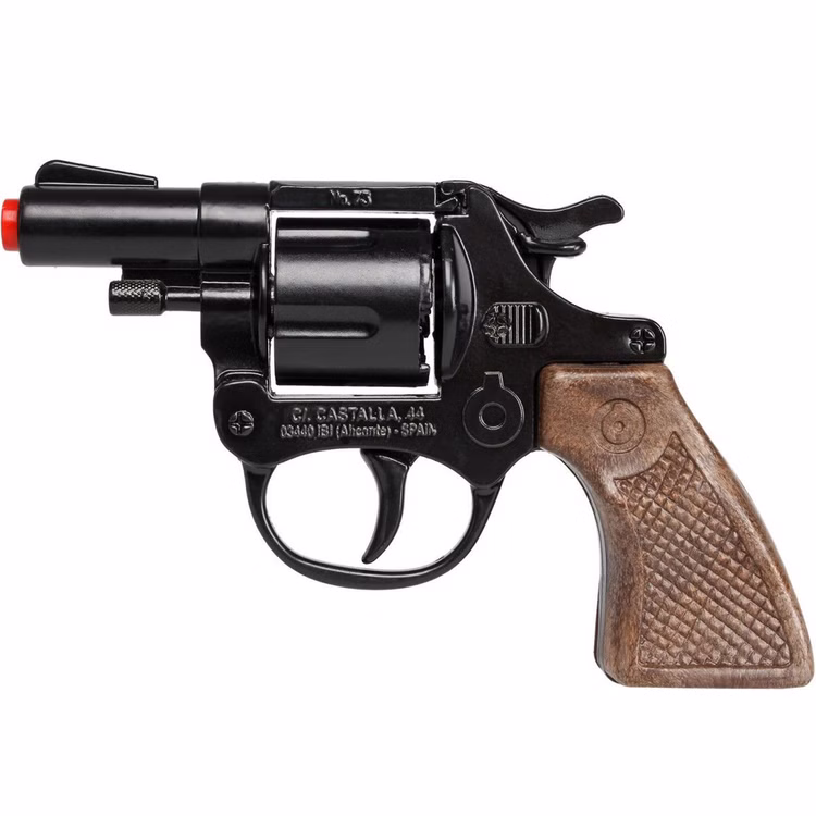 Polizei Pistole 13 cm schwarz braun 8 Schuss Spielzeug-Revolver Kostüm-Zubehör Kinder-Spielzeug Polizist Police Fasching Karneval Mottoparty Kinderfasching Spielzeug-Revolver aus Metall mit braunem Griff und roter Mündung.