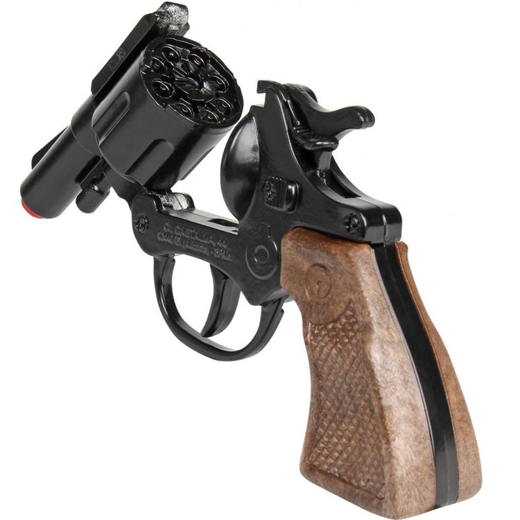 Spielzeug-Revolver mit EU-Logo „Made in EU“ und Hinweis „8-Schuss-Pistole“.