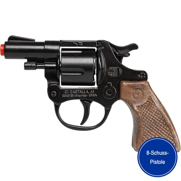 Spielzeug-Revolver mit EU-Logo „Made in EU“ und Hinweis „8-Schuss-Pistole“.