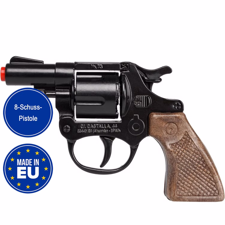 Polizei Pistole 13 cm schwarz braun 8 Schuss Spielzeug-Revolver Kostüm-Zubehör Kinder-Spielzeug Polizist Police Fasching Karneval Mottoparty Kinderfasching Spielzeug-Revolver mit EU-Logo „Made in EU“ und Hinweis „8-Schuss-Pistole“.