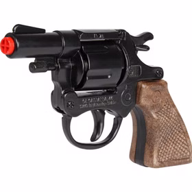 Polizei Pistole 13 cm inkl. 144 Schuss-Munition Spielzeug-Revolver Kostüm-Zubehör Kinder-Spielzeug Polizist Police Fasching Karneval Mottoparty Kinderfasching Schwarzer Spielzeug-Revolver mit braunem Griff, seitliche Ansicht.