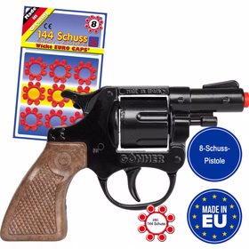 Polizei Pistole 13 cm inkl. 144 Schuss-Munition Spielzeug-Revolver Kostüm-Zubehör Kinder-Spielzeug Polizist Police Fasching Karneval Mottoparty Kinderfasching Spielzeug-Revolver mit Spielzeug-Munitionsringen im Hintergrund und mit EU-Logo „Made in EU“ und Hinweis „8-Schuss-Pistole“ und inklusive 144 Schuss Munition.