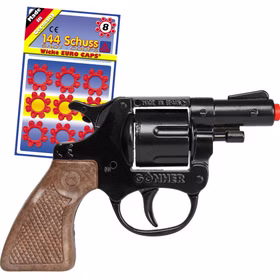 Polizei Pistole 13 cm inkl. 144 Schuss-Munition Spielzeug-Revolver Kostüm-Zubehör Kinder-Spielzeug Polizist Police Fasching Karneval Mottoparty Kinderfasching Spielzeug-Revolver mit Spielzeug-Munitionsringen im Hintergrund.