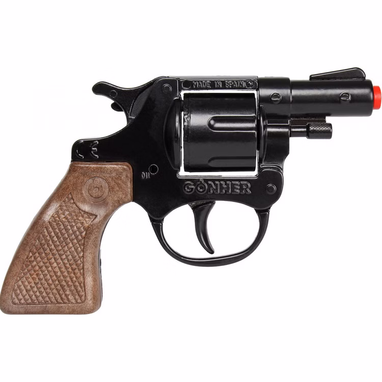 Polizei Pistole 13 cm inkl. 144 Schuss-Munition Spielzeug-Revolver Kostüm-Zubehör Kinder-Spielzeug Polizist Police Fasching Karneval Mottoparty Kinderfasching Linke Seite des Spielzeug-Revolvers mit Gravur und Holzoptik-Griff.