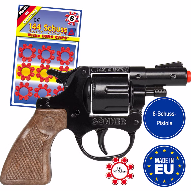 Polizei Pistole 13 cm inkl. 144 Schuss-Munition Spielzeug-Revolver Kostüm-Zubehör Kinder-Spielzeug Polizist Police Fasching Karneval Mottoparty Kinderfasching Spielzeug-Revolver mit Spielzeug-Munitionsringen im Hintergrund und mit EU-Logo „Made in EU“ und Hinweis „8-Schuss-Pistole“ und inklusive 144 Schuss Munition.