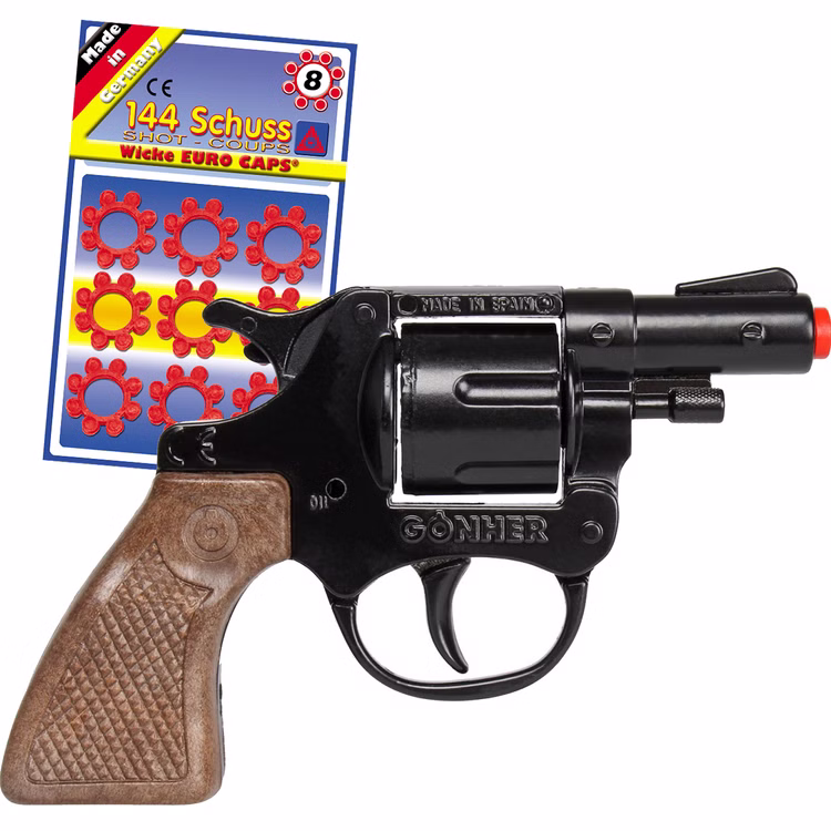 Polizei Pistole 13 cm inkl. 144 Schuss-Munition Spielzeug-Revolver Kostüm-Zubehör Kinder-Spielzeug Polizist Police Fasching Karneval Mottoparty Kinderfasching Spielzeug-Revolver mit Spielzeug-Munitionsringen im Hintergrund.