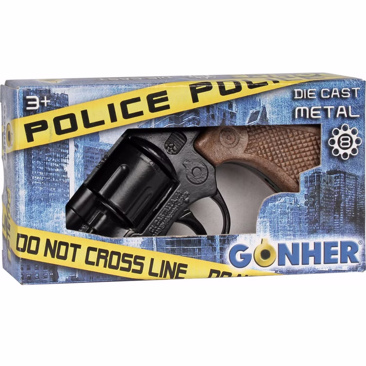 Polizei Pistole 13 cm inkl. 144 Schuss-Munition Spielzeug-Revolver Kostüm-Zubehör Kinder-Spielzeug Polizist Police Fasching Karneval Mottoparty Kinderfasching Spielzeug-Revolver in blauer Verpackung mit gelbem Police-Tape-Design.