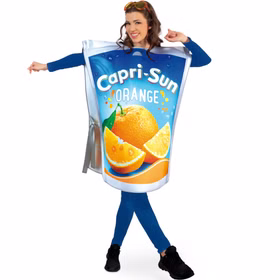Capri Sun Kostüm Getränk Capri Sonne Orange für Erwachsene Einheitsgröße Spaßkostüm witzige Kostüme JGA Fasching Karneval Mottoparty Lizenzkostüm Frau im Capru Sun Kostüm von Vorne.