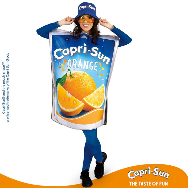 Original Lizenz Capri-Sun® Fischerhut in blauer Farbe mit Aufdruck von Vorne und weißem Hintergrund.