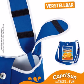 Capri Sun Handtasche Getränk Capri Sonne Orange Tasche für Erwachsene 28 x 34 cm Kostüm-Zubehör Tasche für den Alltag Fasching Karneval Mottoparty Lizenzartikel Detail Schultergurt: mit Hinweis, dass der Schultergut per Klett verstellbar ist; Blick in die Tasche mit Lasche und weißer Paspel.