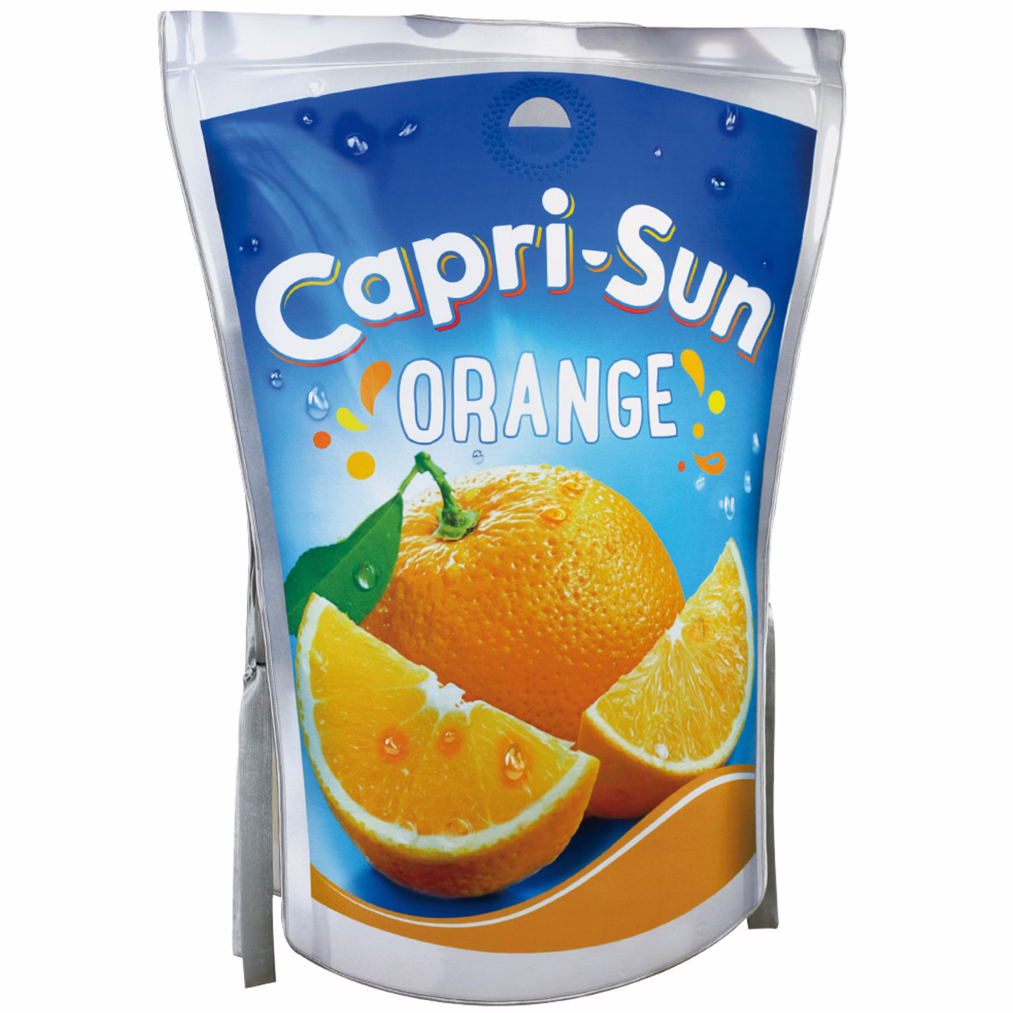 Capri-Sun-Orange-Kostüm, freigestellte Vorderansicht der Tunika in Beutelform.