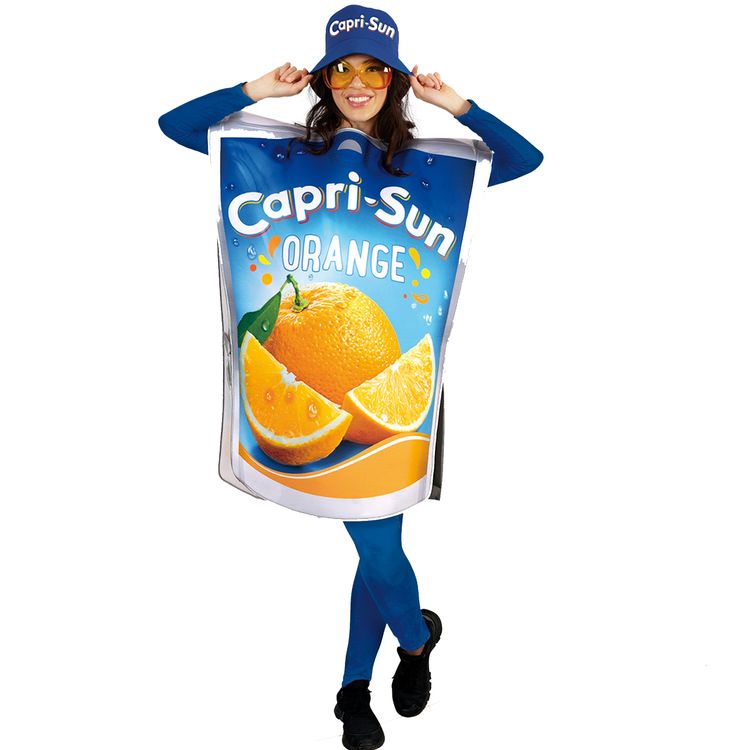 Capri Sun Kostüm Leckeres Getränk Capri Sonne Orange inkl. Hut für Erwachsene Frau im Capri-Sun® Orange Kostüm mit Tunika und Hut – witziges Getränkekostüm für Erwachsene.