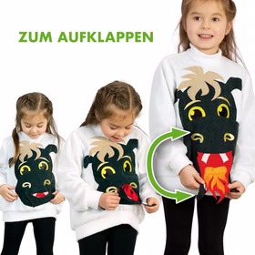 Feuerdrache Pullover Drachen Kostüm mit Bauchtasche für Kinder Gr. 104-128 Drachenkostüm Ritterkostüm Kostüm-Zubehör Fasching Karneval Mottoparty Rollenspiel Kind zeigt den Pullover mit aufklappbarem Drachenmaul, Pfeile verdeutlichen den Klapp-Effekt.