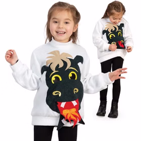 Feuerdrache Pullover Drachen Kostüm mit Bauchtasche für Kinder Gr. 104-128 Drachenkostüm Ritterkostüm Kostüm-Zubehör Fasching Karneval Mottoparty Rollenspiel Kind trägt weißen Pullover mit Drachenmotiv und aufklappbarem Maul, fröhlich lachend.